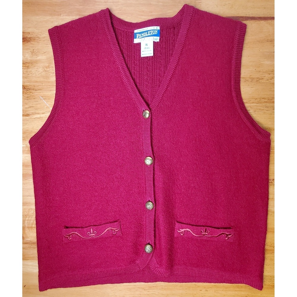 Vintage Red Pure Virgin Wool Pendleton Sweater Vest XL Cable‎ Knit Gold Buttons